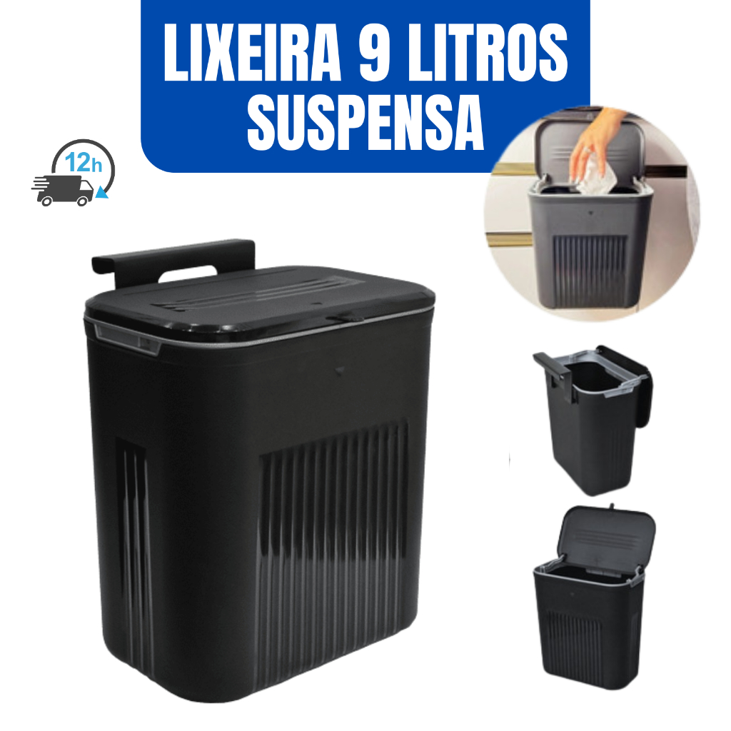 Lixeira Suspensa Com Tampa 9 Litros C/ Suporte De Adesivos E Alça De Pentura Para Cozinha E Banheiro em Oferta na Shopee