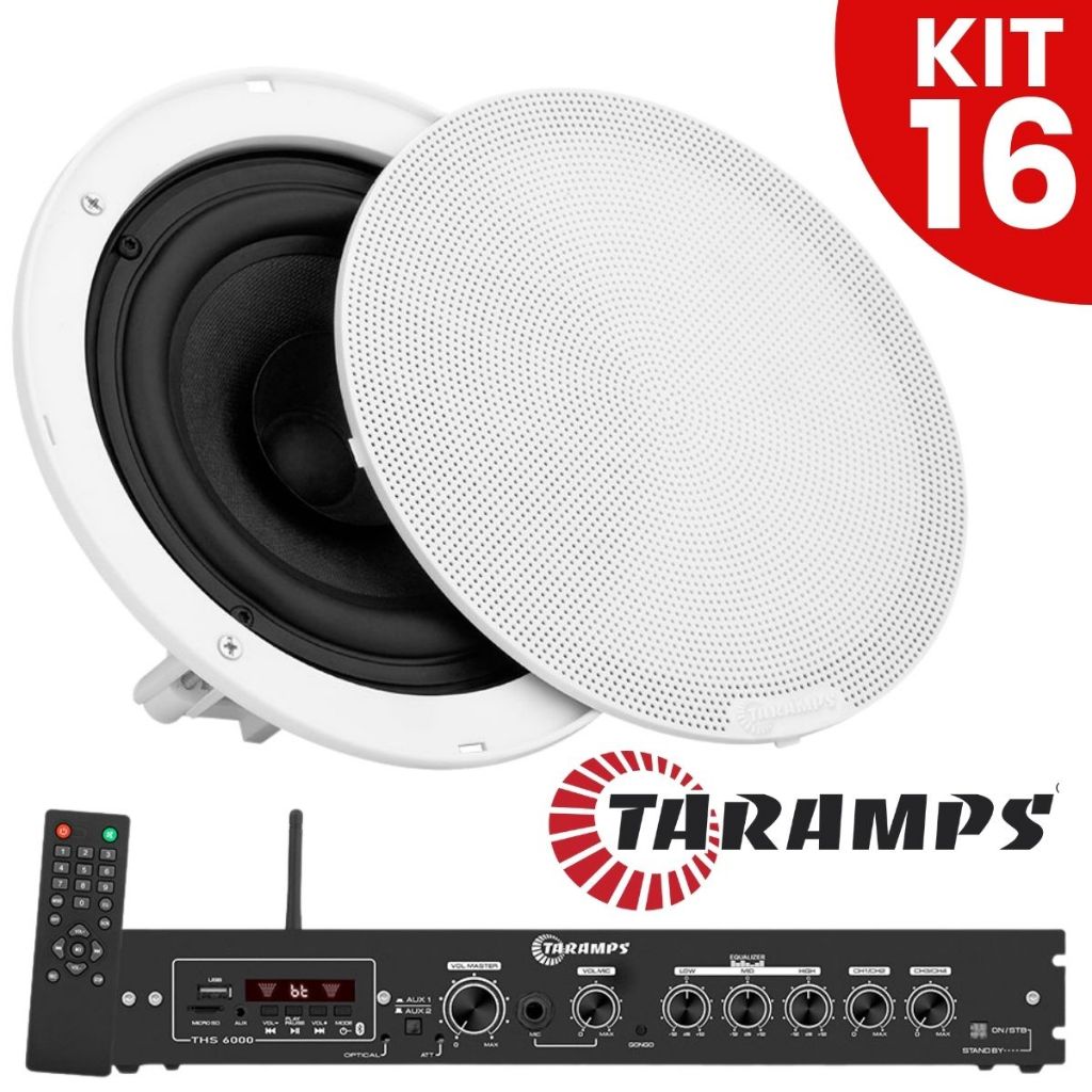 Kit 16 Caixa Som 640w Taramps Arandelas Acustica Embutir Teto Gesso Forro Ambiente Comercio Bar + Receiver Bluetooth Usb