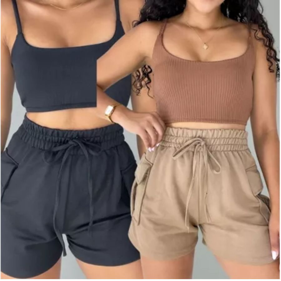 Short Cargo Feminino de Moletinho c/ Bolso Cintura Elastica Moda Verao Super Confortavel