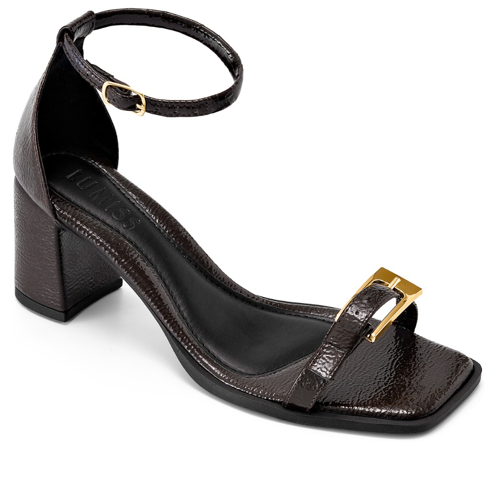 Sandália Feminina Lumiss Salto Baixo Bloco Fivela Dourada Bico Quadrado em Oferta na Shopee