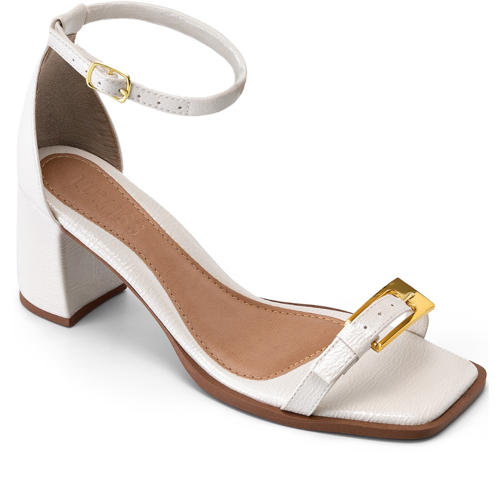 Sandália Feminina Lumiss Salto Baixo Bloco Confortável Bico Quadrado Fivela Dourada Off White em Oferta na Shopee