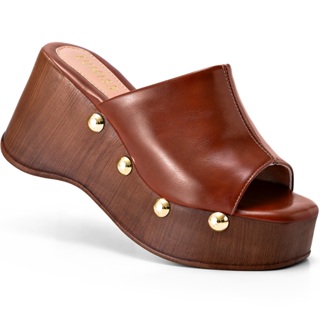 Sandália Anabela Feminina Lumiss Madeira Rebite Tachas Dourada Confortável em Oferta na Shopee