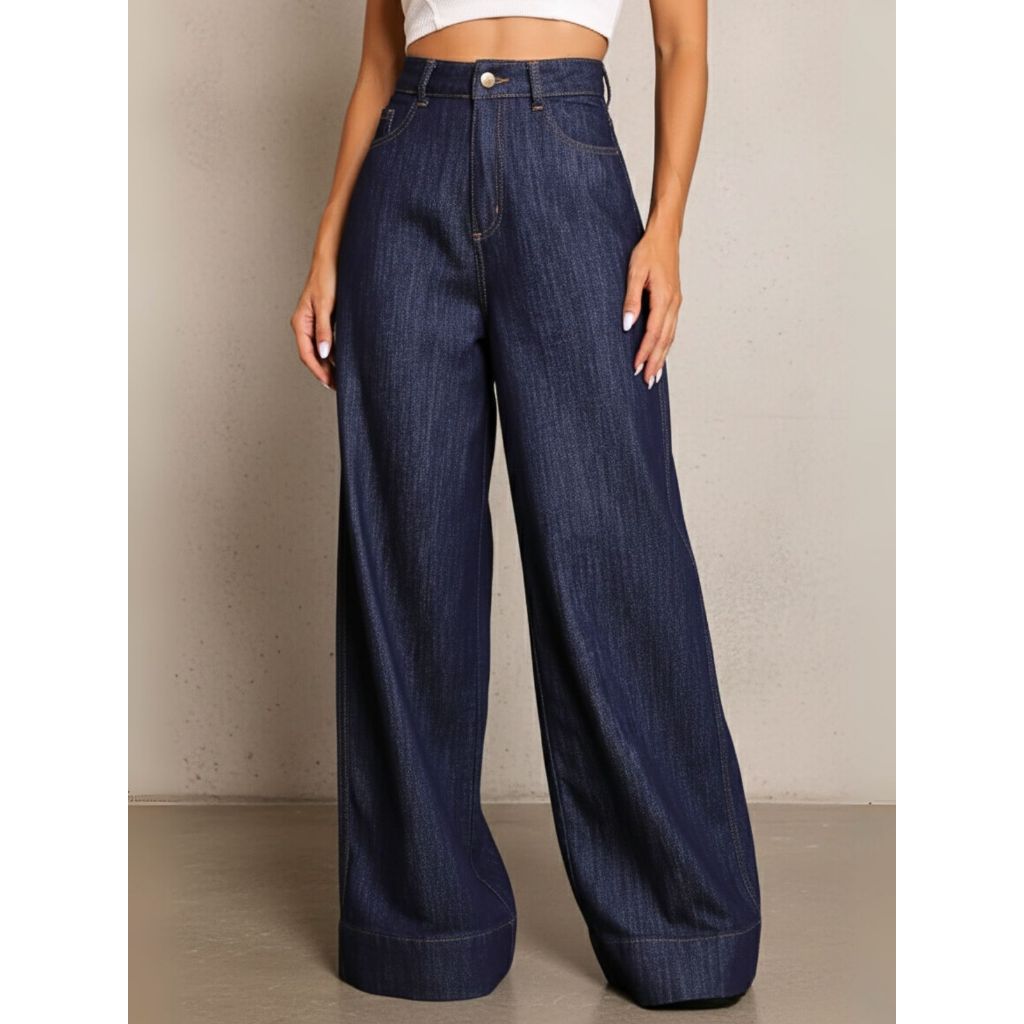Calça Pantalona Jeans Feminina Reta Lavagem Escura E Clara Cintura Alta