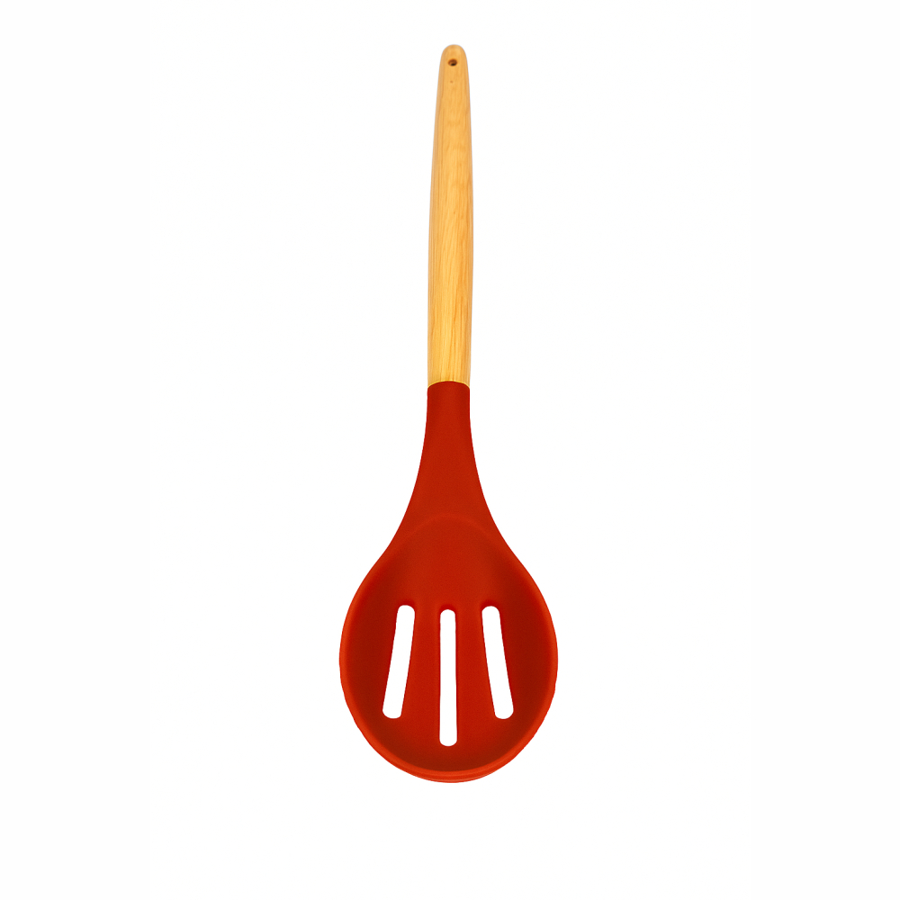 Colher Silicone Vazada  Cabo de Madeira Vermelho Utensilios de Cozinha Servir Arroz Anti Aderente