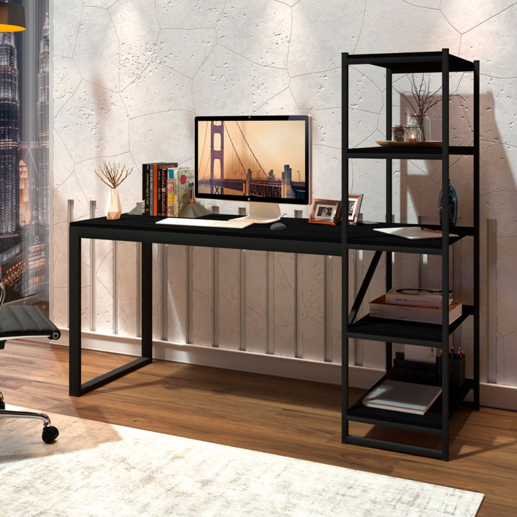 Escrivaninha Industrial com Estante Lateral 4 Prateleiras | Mesa Home Office Cor Preto em Oferta na Shopee