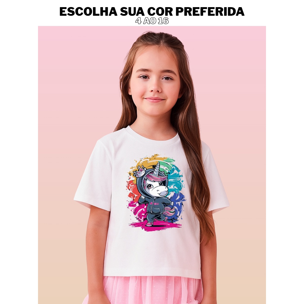 Camiseta Blusa Menina Manga Curta Oversized Promoção Estampa Moderna Unicórnio 100% Algodão 4 ao 16 Lançamento