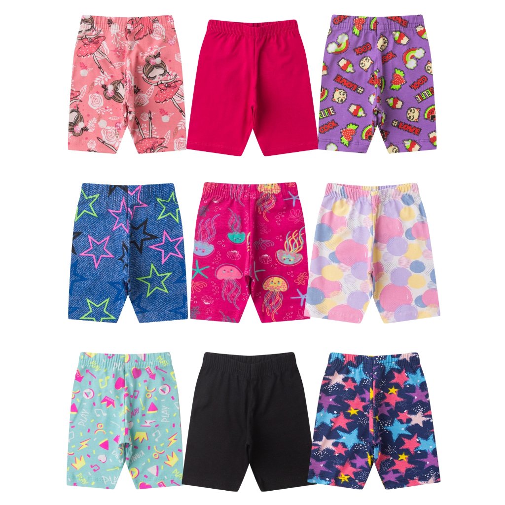 Combo de 2 ou 5 Bermudas Ciclista Infantil Cotton Menina Premium 1 ao 8 Verão Feminino - Kit com 5 ou 2 Shorts Ciclista