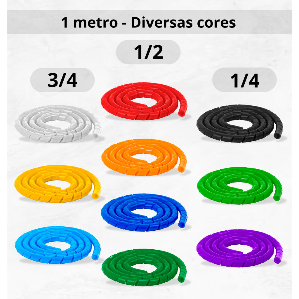 Organizador de Fios Espiral Esconde Cabo 1/4 ; 1/2 : 3/4 e 1'1/4 - Diversas Cores | 1 metro