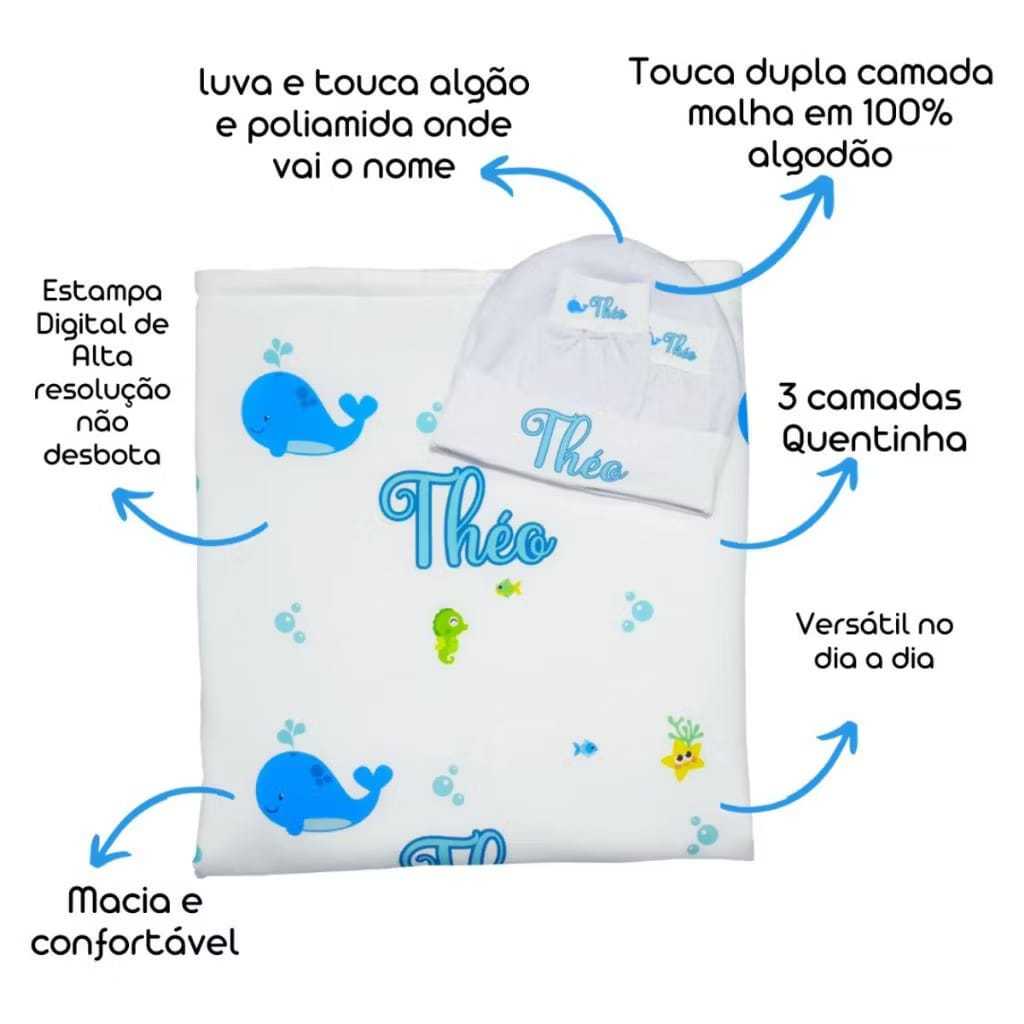manta touca e Luvas personalizados com nome do bebê menino menina