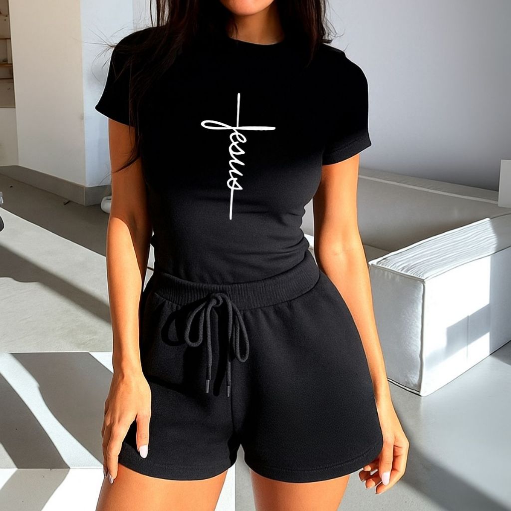 Conjuntinho De Verão Moda Cristã T-Shirt Silim + Short Moletom Nova Tendência