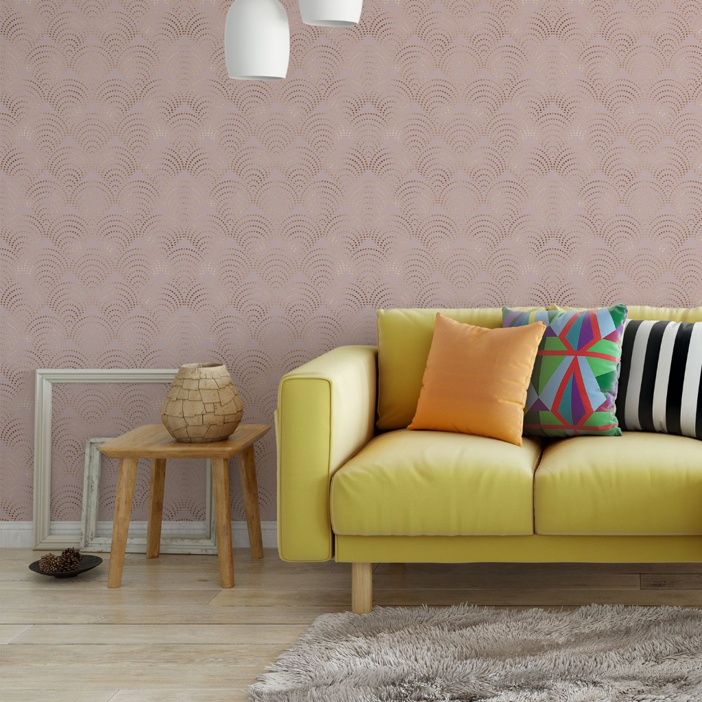 Papel de Parede Adesivo Decorativo Geométrico Leque Dourado com Fundo Rosa