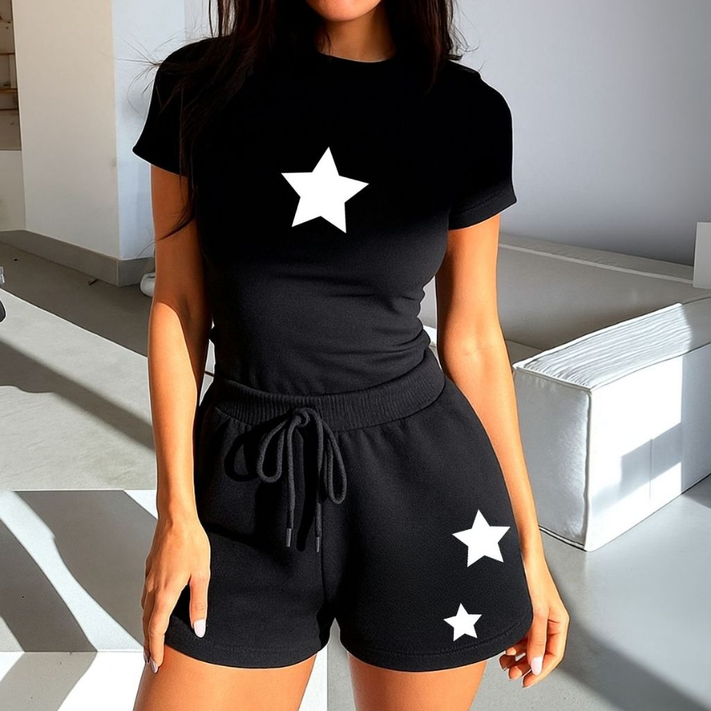 Conjuntinho Feminino Camisa Slim E Short Moletom Estampa Y2k Estilo Vintage