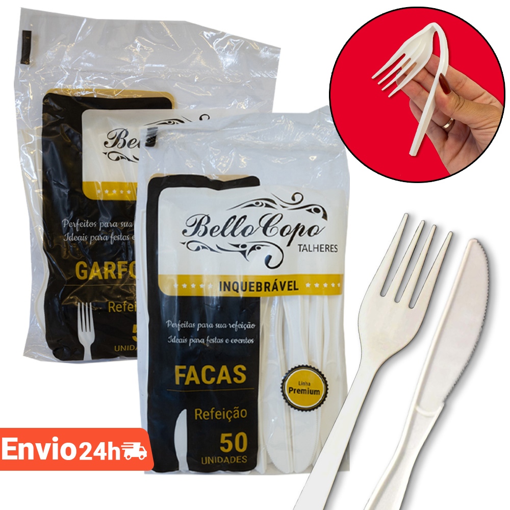 Kit Talher Garfo e Faca Inquebrável Descartavel Premium Refeição Churrasco Reforçado 200un