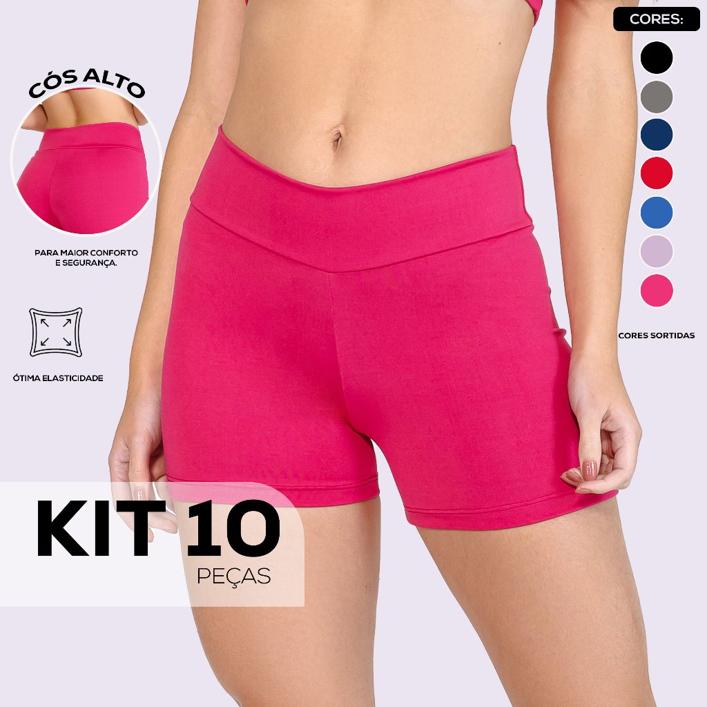 Kit 10 Shorts Curto Fitness e Pole Cós Alto Suplex Liso Feminino para Academia Treino