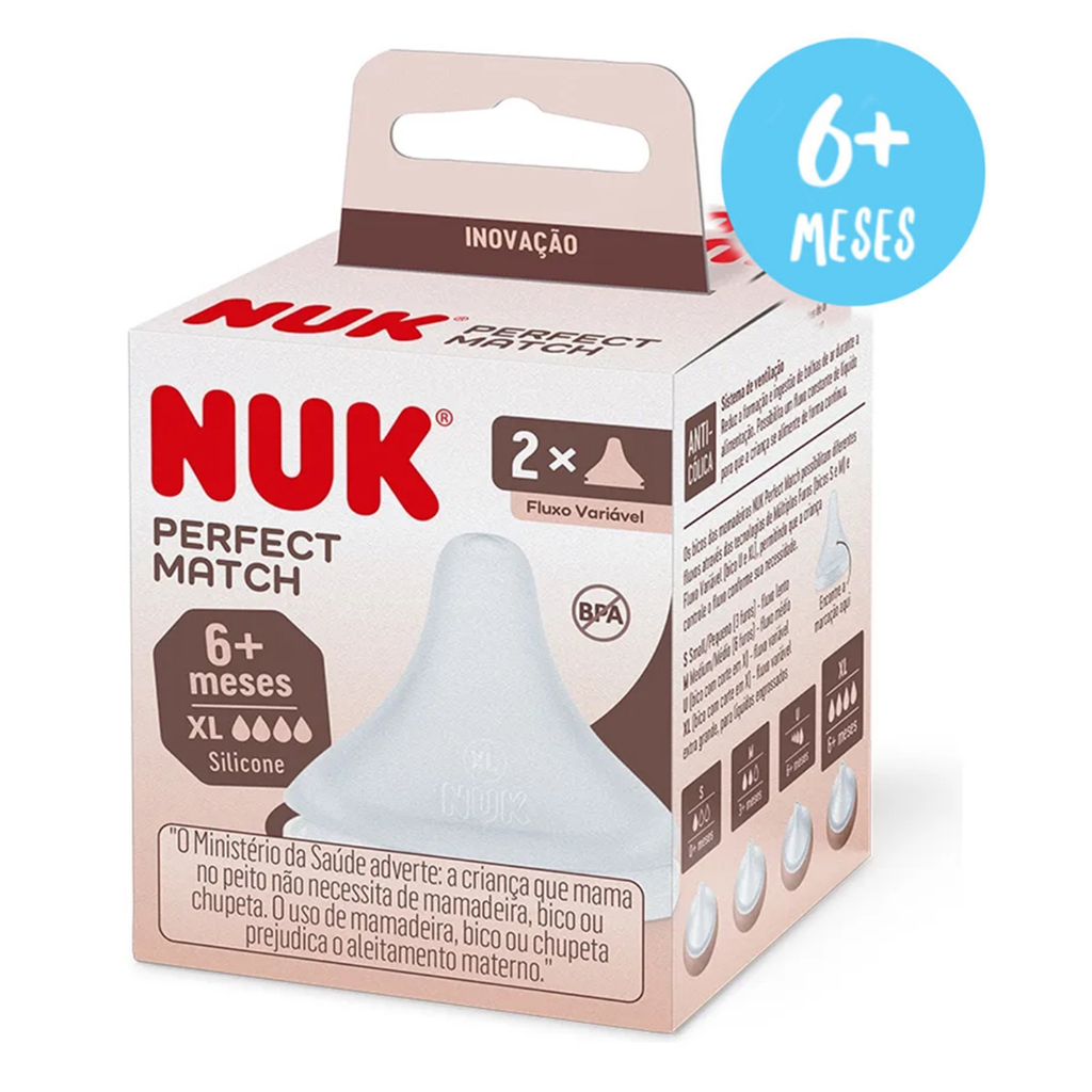 Kit 2 Bicos Silicone NUK P/Mamadeira Perfect Match Fluxo Variável XL 6+ Meses Universal