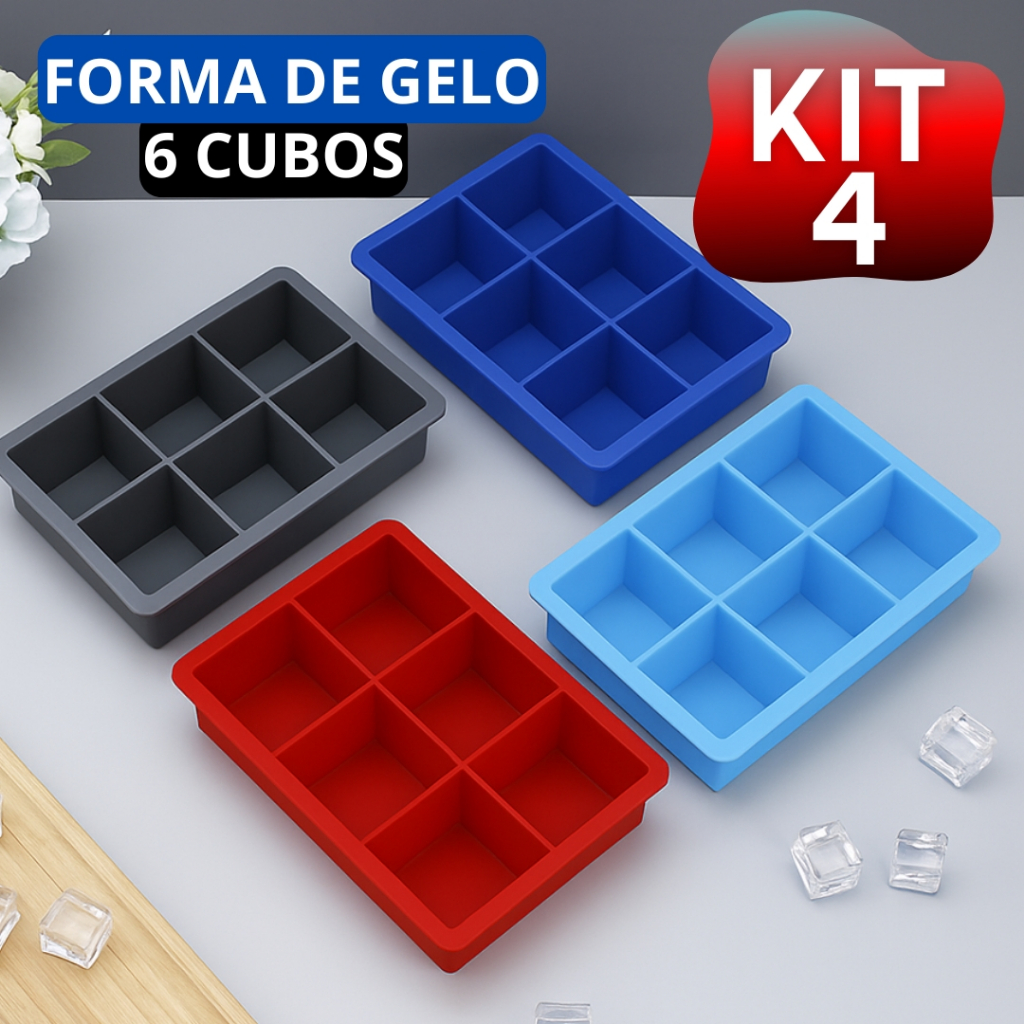 Kit 4 Forma de Gelo Grande 100% Silicone Com 6 Pedras Para Papinha Gelo Drinks e Bar Cozinha em Oferta na Shopee