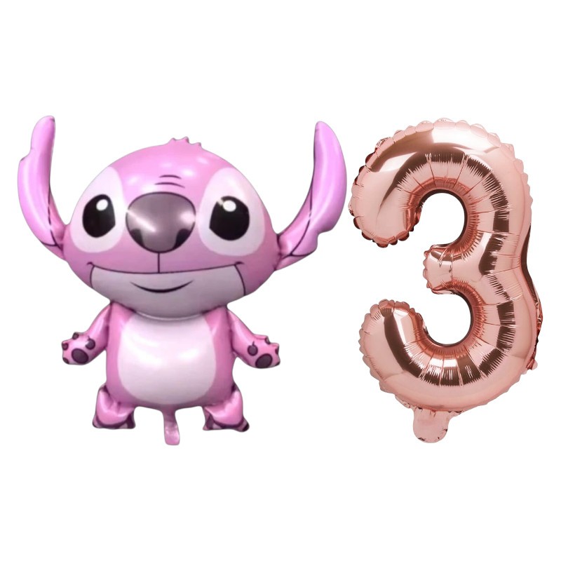 Kit Balão Angel Metalizada Stitch Rosa + 1 OU 2 Números Rose Gold para Festa de Aniversário