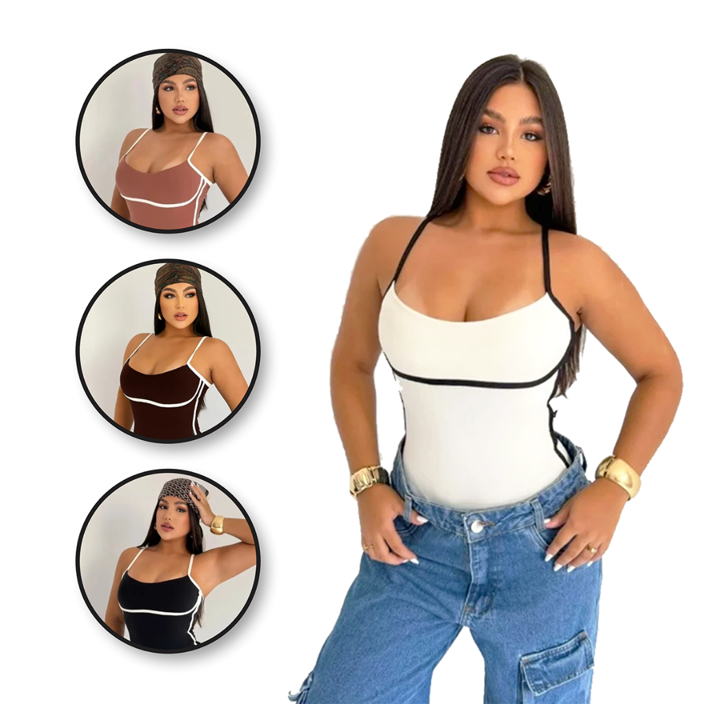 Body Feminino Maiô Bicolor Bory Ely Alça Fina Cavado Sem Bojo Sustentação de Alcinha Suplex