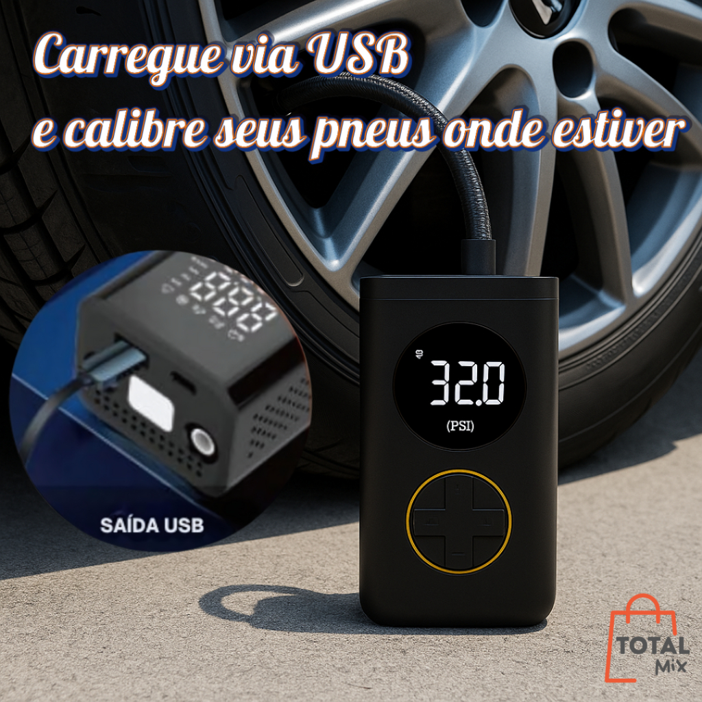 Bomba de Ar Digital Portátil Recarregável Compressor Pneu Carro Moto Bike Calibrador Sem Fio Luz LED