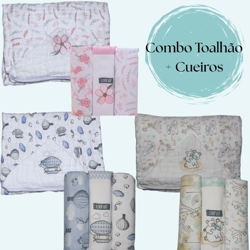 Combo Toalhão Loupiot 100x85 + Kit Loupiot 3 cueiros 80x80 cada.