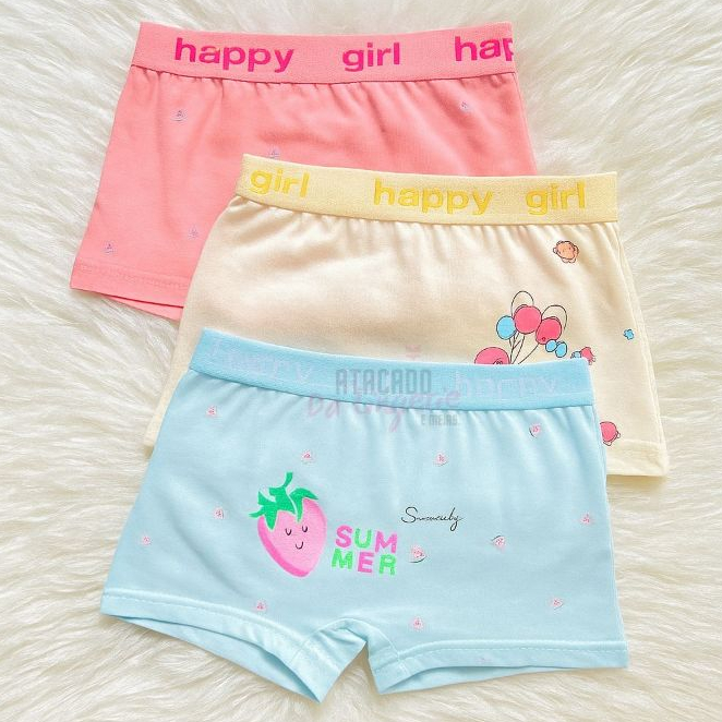 Kit 4/2 Calcinha Girl Boxer Algodão Conforto Moda Lingerie Infantil Cueca Menina