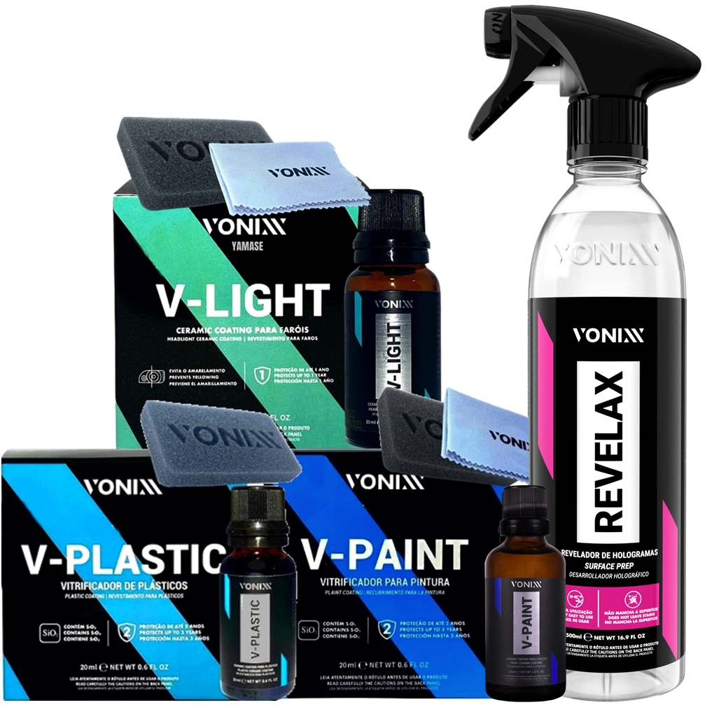 Kit Vitrificação Vonixx V-Light 20ml V-Plastic 20ml V-Paint 20ml Revelax 500ml