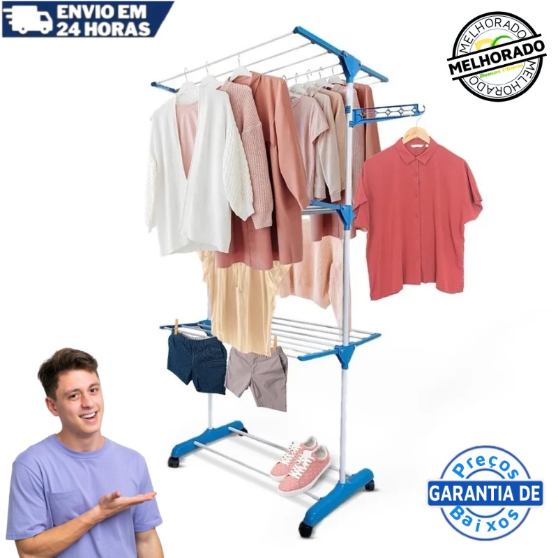 Varal De Chão Roupa Calcinha Grade 3 Andares Dobrável Portátil azul