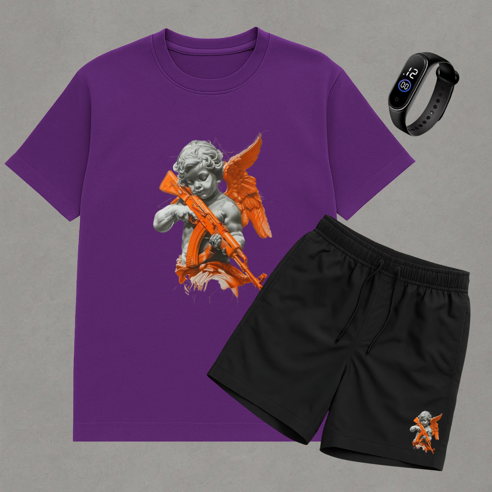 Conjunto Masculino ANJO Camiseta Algodão Manga Curta e Bermuda Tactel Estampada com Relógio Incluso