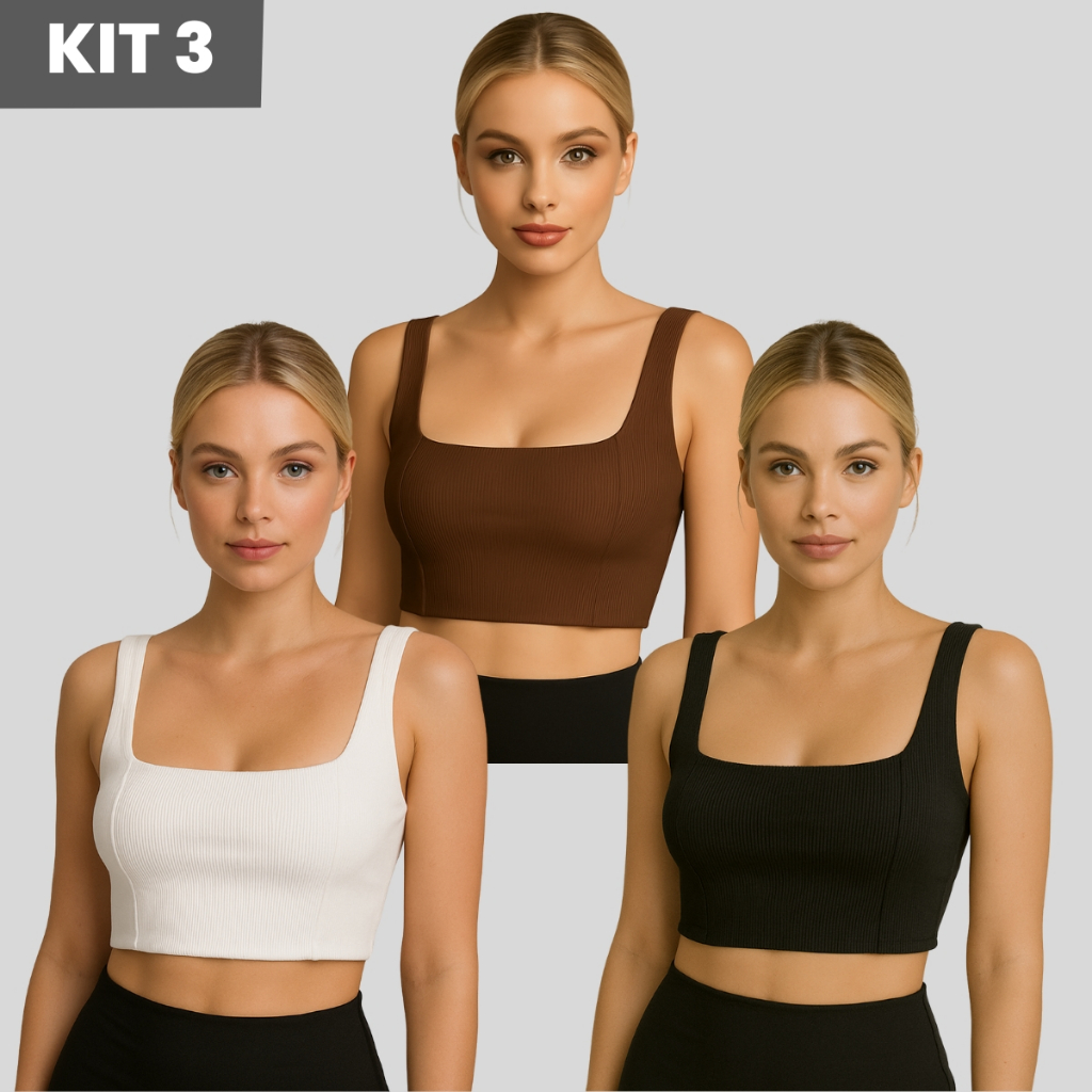 Kit 3 Top Cropped de Academia Feminino Ribana Canelada Tecido Duplo | Sustentação e Estilo