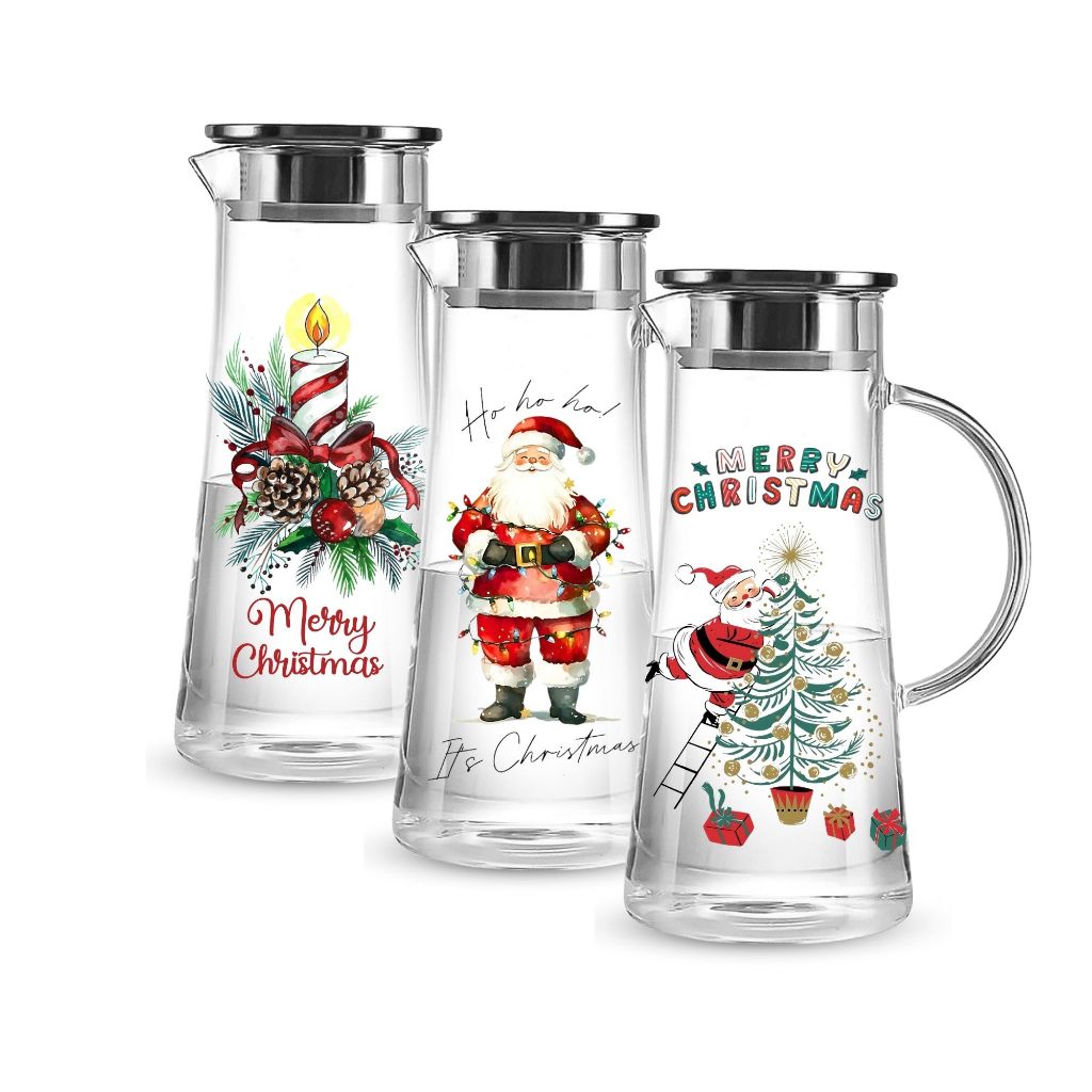 Jarra de vidro borossilicato 1.3L com tampa personalizada Feliz Natal