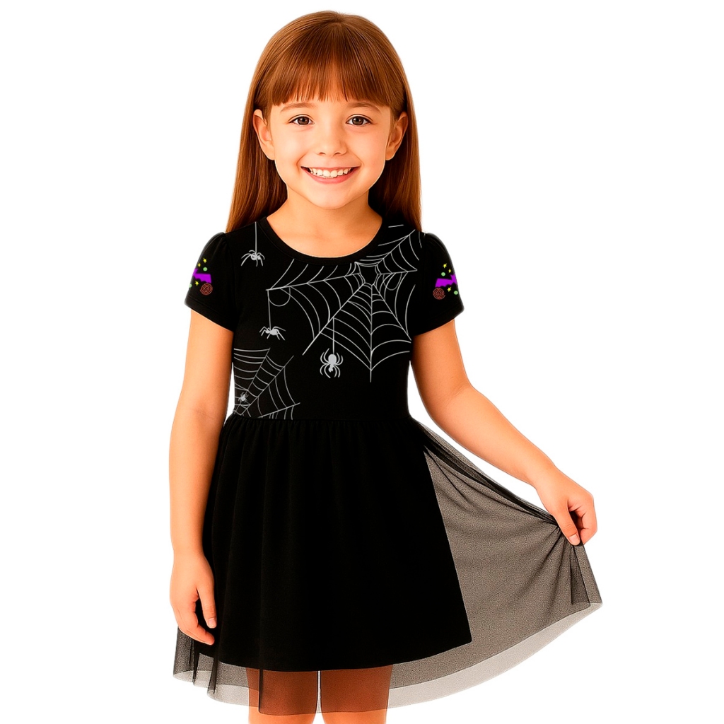 Vestido Infantil Temático Fantasia Halloween Teia de Aranha