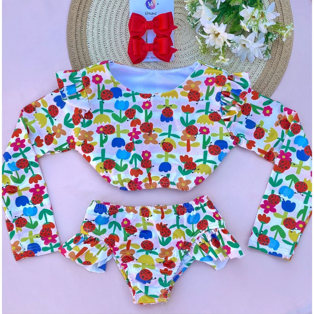 Conjunto Infantil Praia com proteção + Forrado Feminino | Roupa de Banho Menina com babado e  Estampado