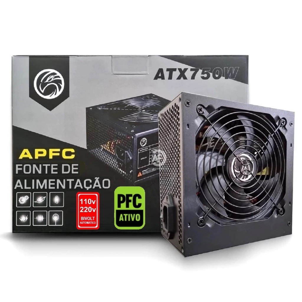 Fonte 750w Real PFC Ativo BIVOLT AUTOMÁTICO BrazilPC Pci-e 8 Pinos 6+2 Pl Vídeo Silenciosa SERVIDOR