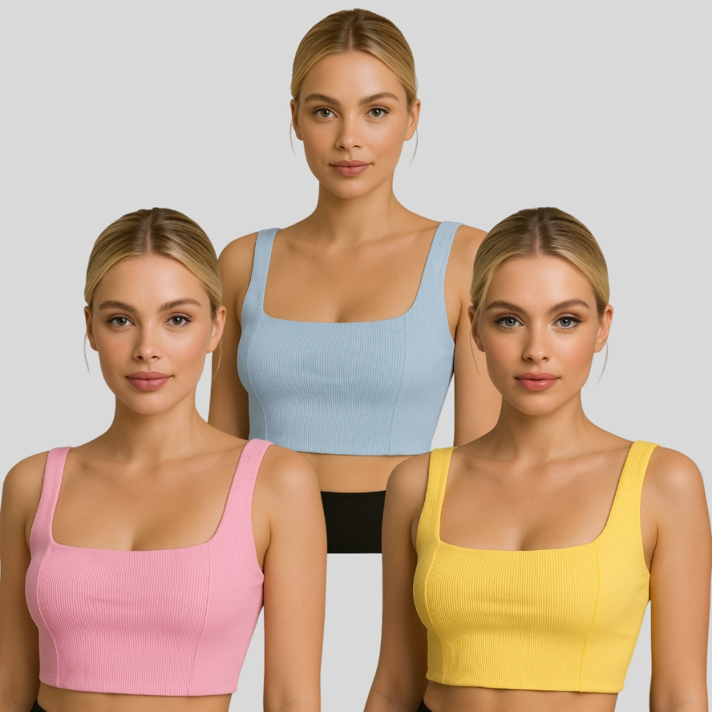 Kit 3 Tops Fitness Feminino Academia Ribana Canelada Dupla | Efeito Modelador e Zero Transparência