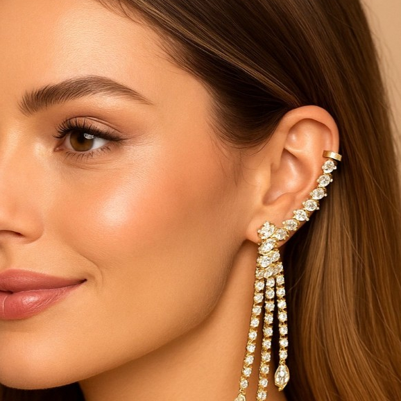 Brinco Ear Cuff Gota Cristal Strass – Brinco Longo Luxo Feminino Dourado para Festa em Oferta na Shopee