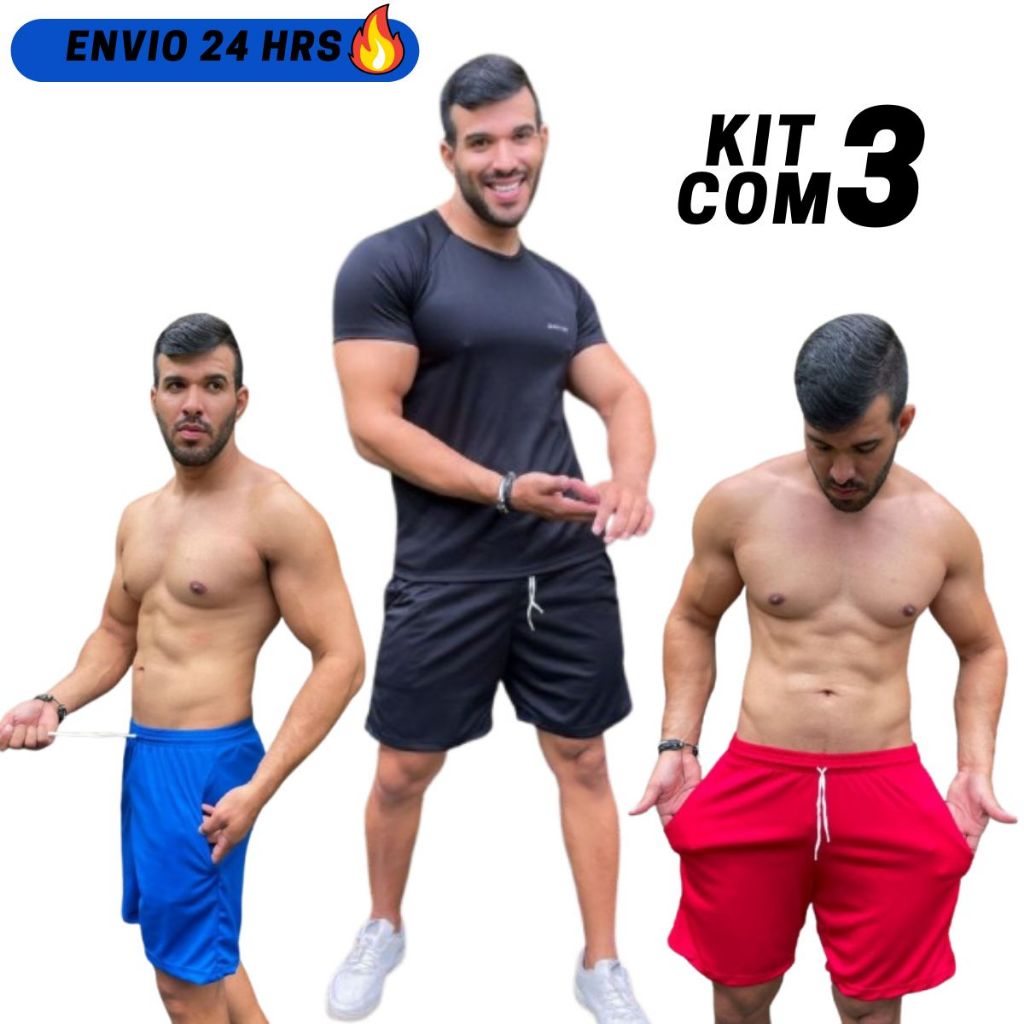Kit 3 Short de Elastano Dry fit Bermuda de Praia Piscina e Academia