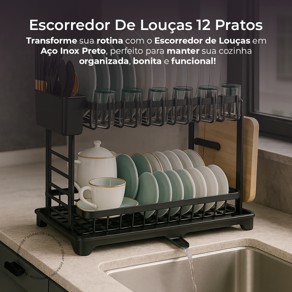 Escorredor De Louças 12 Pratos Organizador Cozinha Suspensa Preto Aço Inoxidável Rack Oliver Home — foto 3