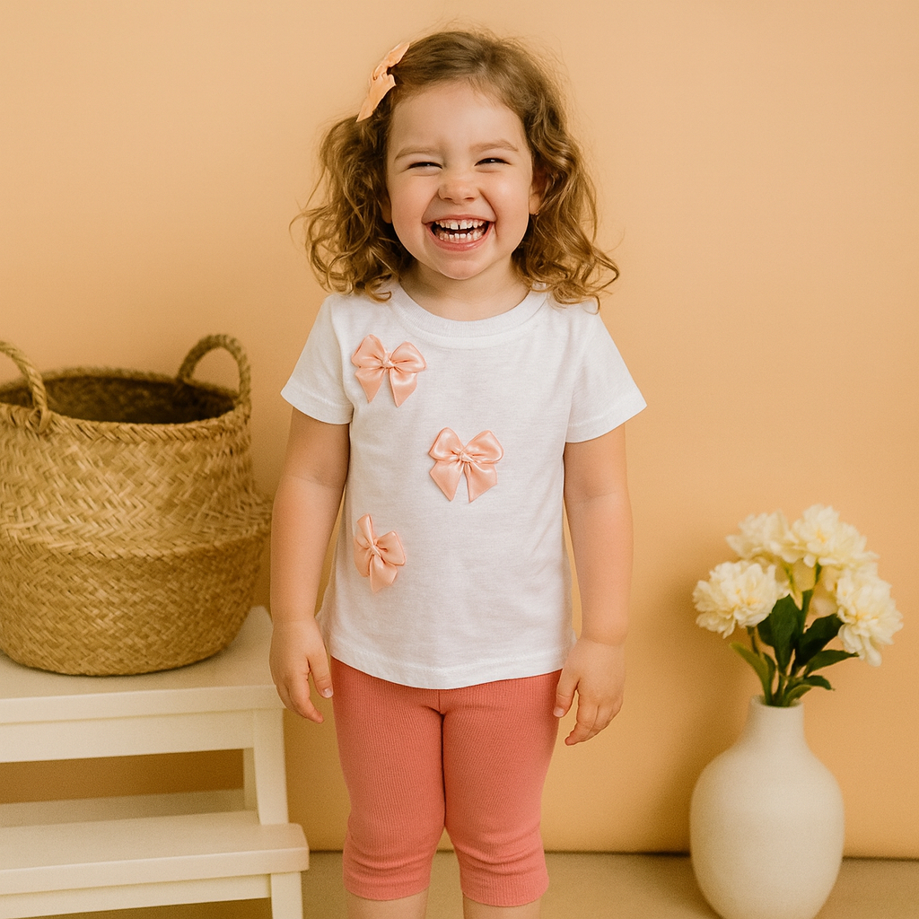 Conjunto Infantil T-Shirt Branca com Lacinhos e Bermuda Ciclista Canelado