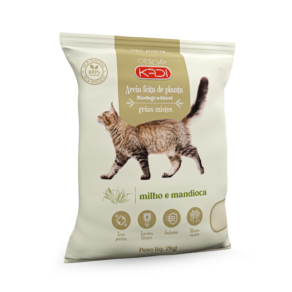 AREIA HIGIÊNICA BIODEGRADÁVEL KADI PARA GATOS GRÃOS MISTOS 2KG