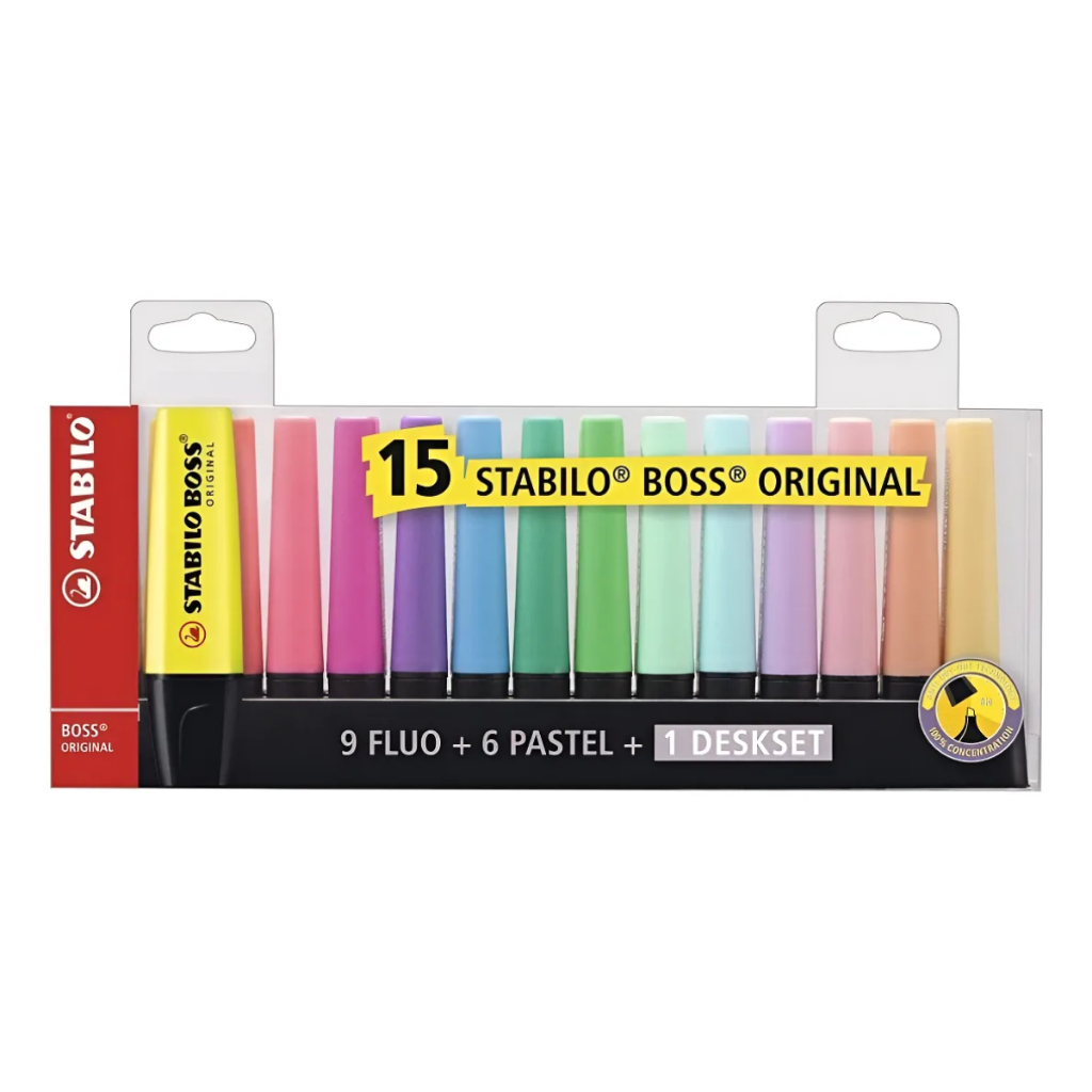 Marca Texto Stabilo Boss 15 Cores Neon e Pastel + Deskset