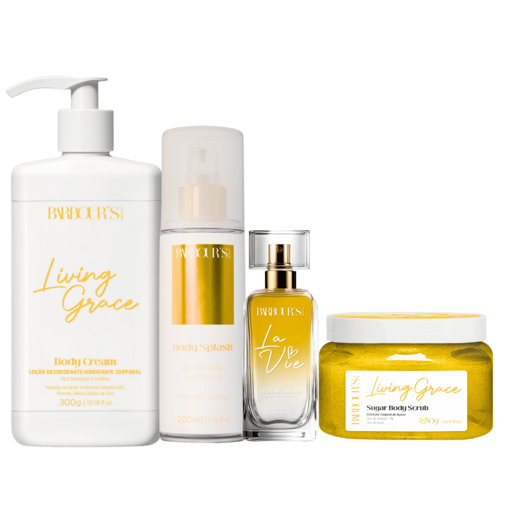 Kit Completo Barbour's Living Grace Hidratante Body Splash Esfoliante Corporal Perfume Capilar