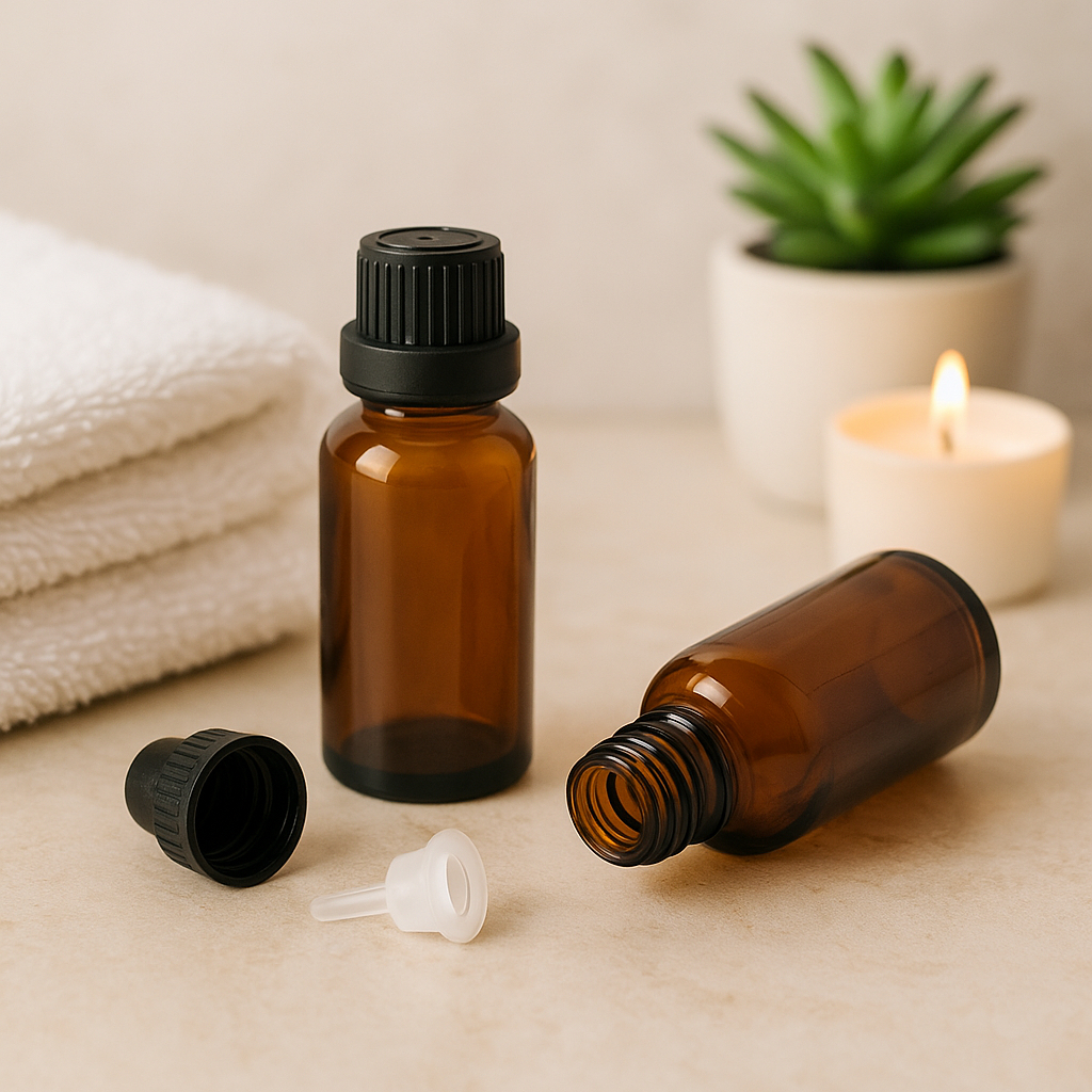 Frasco de Vidro 25ML Âmbar Tampa Preta com Lacre com Batoque Gotejador Aromaterapia Oleos Essenciais