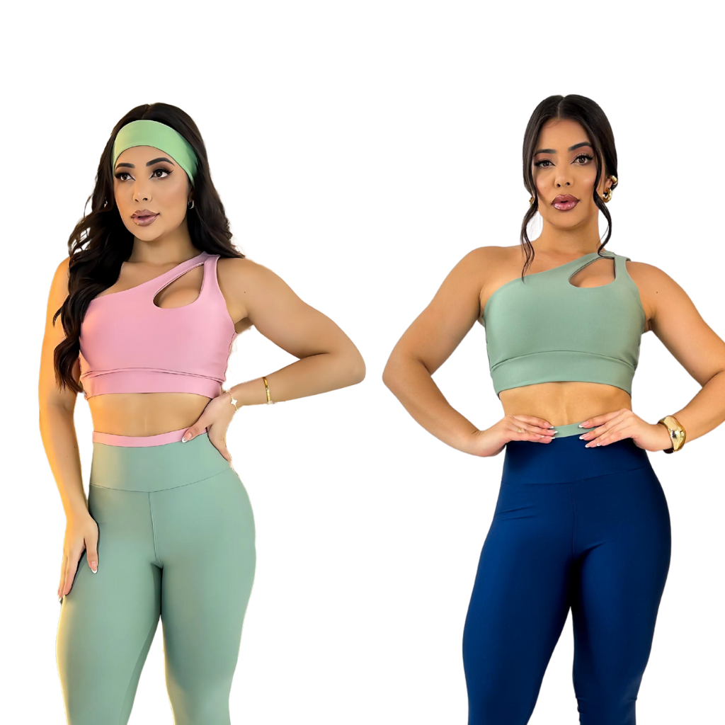 KIT C/2 Conjuntos Calça Legging + Top Nula Manga Roupa de Academia Feminina Crossfit Fitness Zero transparência