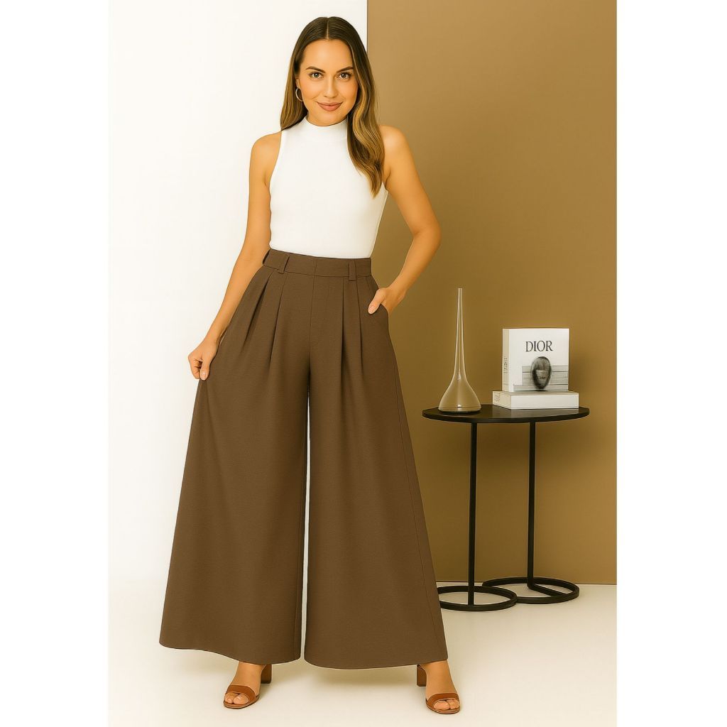 CALÇA FEMININA BARRA LARGA WID LEG CINTURA ALTA PANTALONA 3102 em Oferta na Shopee