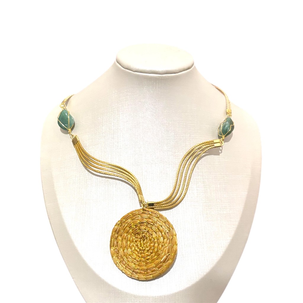 Colar De Capim Dourado Mandala Natural Cordão Bege Moda Feminino Verão Metal Folheado Com Pedras Brasileira 60cm