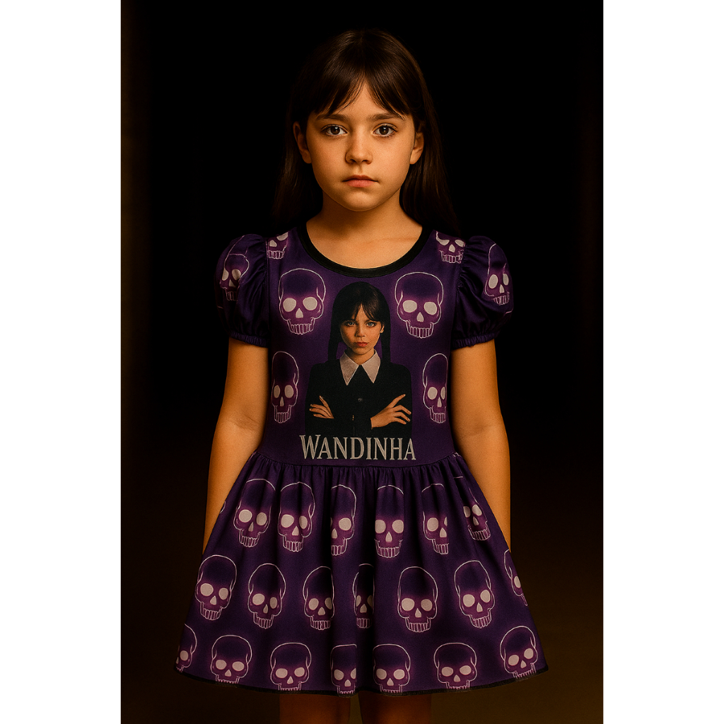 Vestido Wandinha Roxo Halloween Infantil e Adulto Fantasia Feminina Cosplay Festa à Fantasia