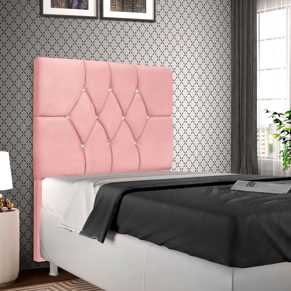 Cabeceira Solteiro Cama Box 90cm Analu Tecido Veludo - Linho Strass Isis Decor