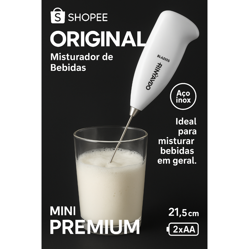 Mini Mixer Elétrico Original Line Inox para Café e Leite a Pilhas AA Branco ou Preto