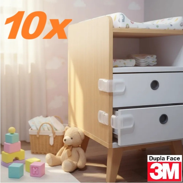 10 Travas Gaveta Lateral Transparente Incolor Segurança Bebê Adesivo 3M