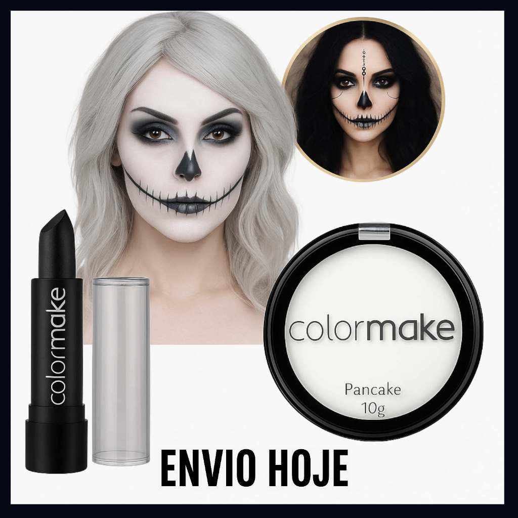 Kit Pancake Branco + Batom  Preto Halloween Maquiagem Artística Bruxa Festa Fantasia Colormake em Oferta na Shopee